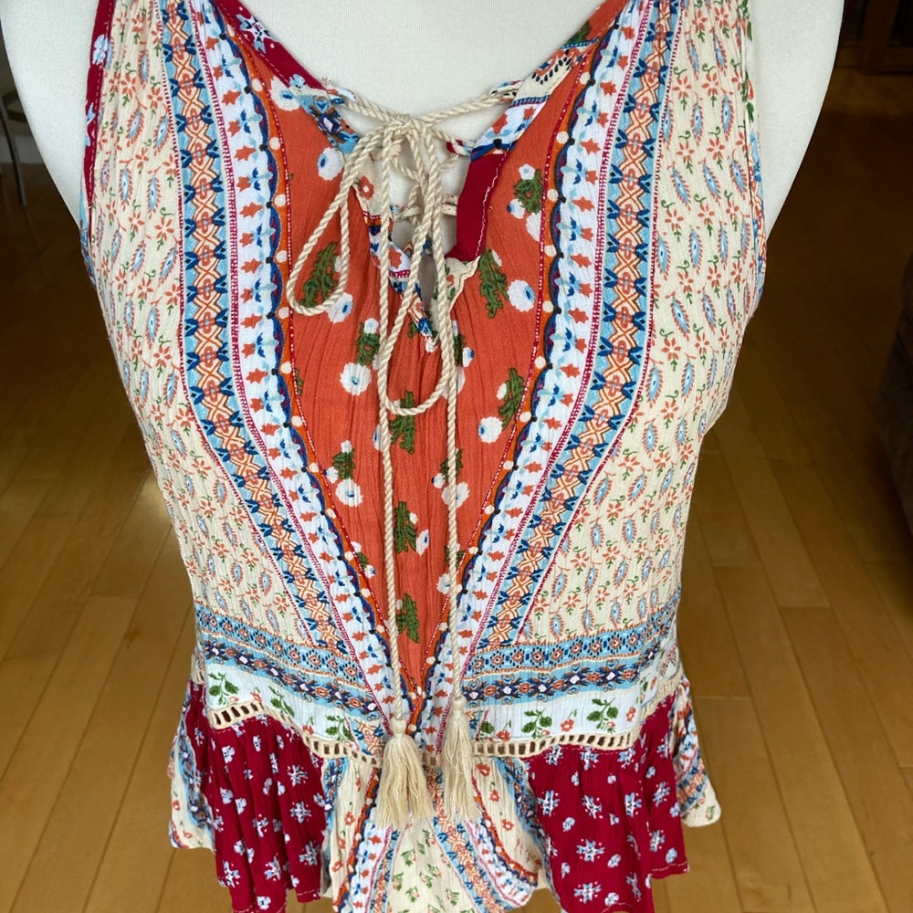 Patrons of Peace multi coloured boho top with lace up detail.